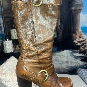 #937| BORN Brown Crown “Iselle” Leather Knee-High 🥾boots,w/leopard print lined
